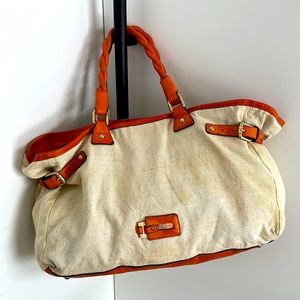 MaxMara Granada Handbag Orange Leather with Cream Canvas